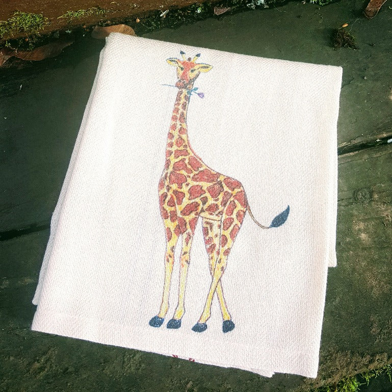Giraffe Holding a Purple Rose Kitchen Towel