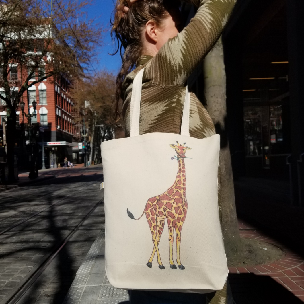 Giraffe Holding a Purple Rose Canvas Shoulder Bag
