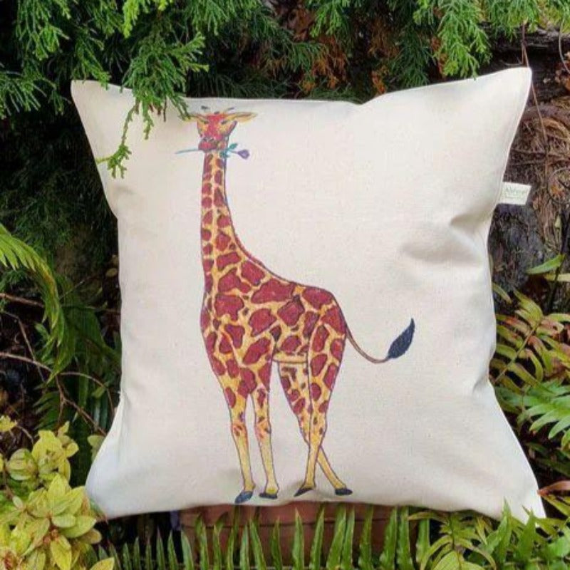 Giraffe Holding a Purple Rose Canvas Pillow Case